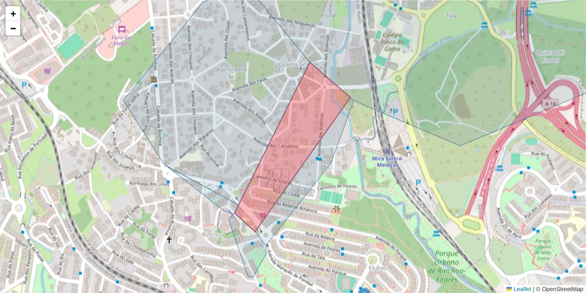 Mapa detalhado do código postal 2635-593 com limites, códigos postais vizinhos e agências dos correios