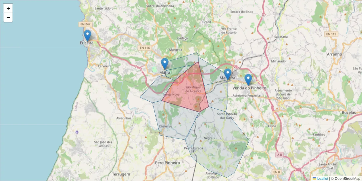Mapa detalhado do código postal 2640-302 com limites, códigos postais vizinhos e agências dos correios