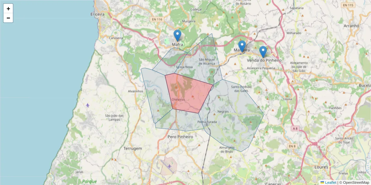 Mapa detalhado do código postal 2640-365 com limites, códigos postais vizinhos e agências dos correios