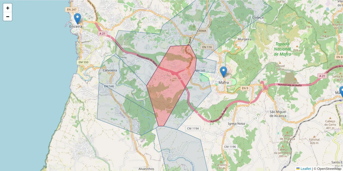 Mapa detalhado do código postal 2640-453 com limites, códigos postais vizinhos e agências dos correios