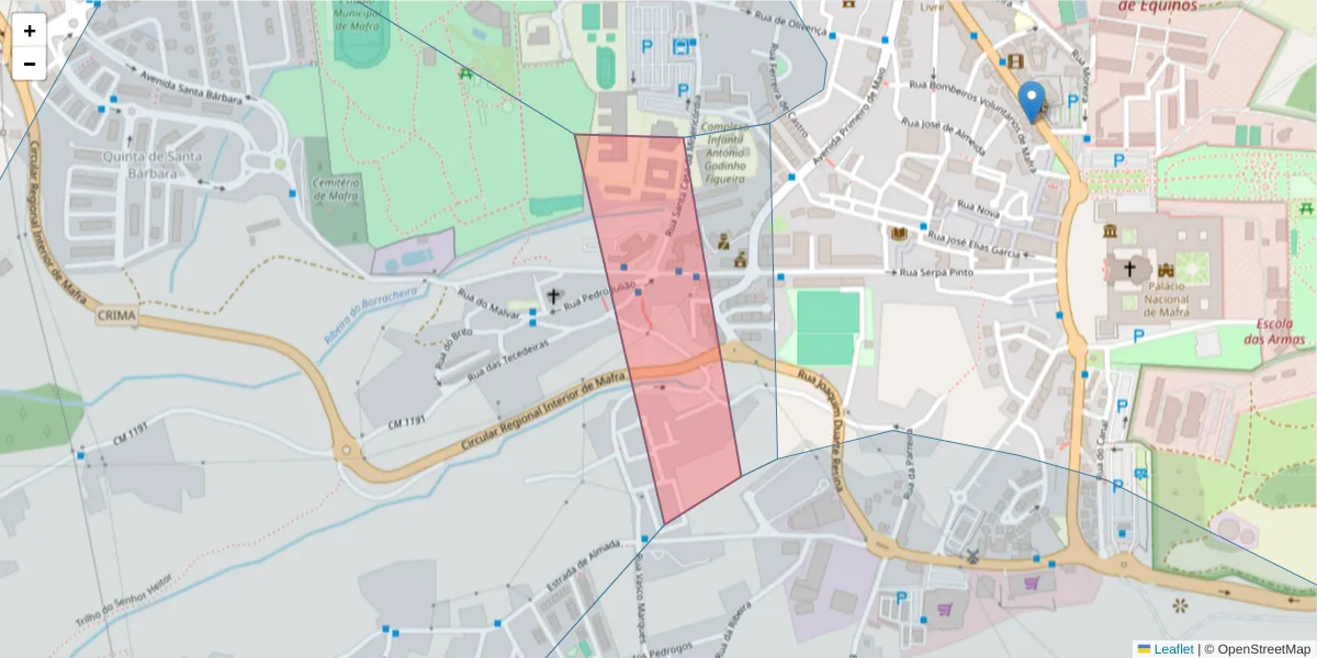 Mapa detalhado do código postal 2640-465 com limites, códigos postais vizinhos e agências dos correios