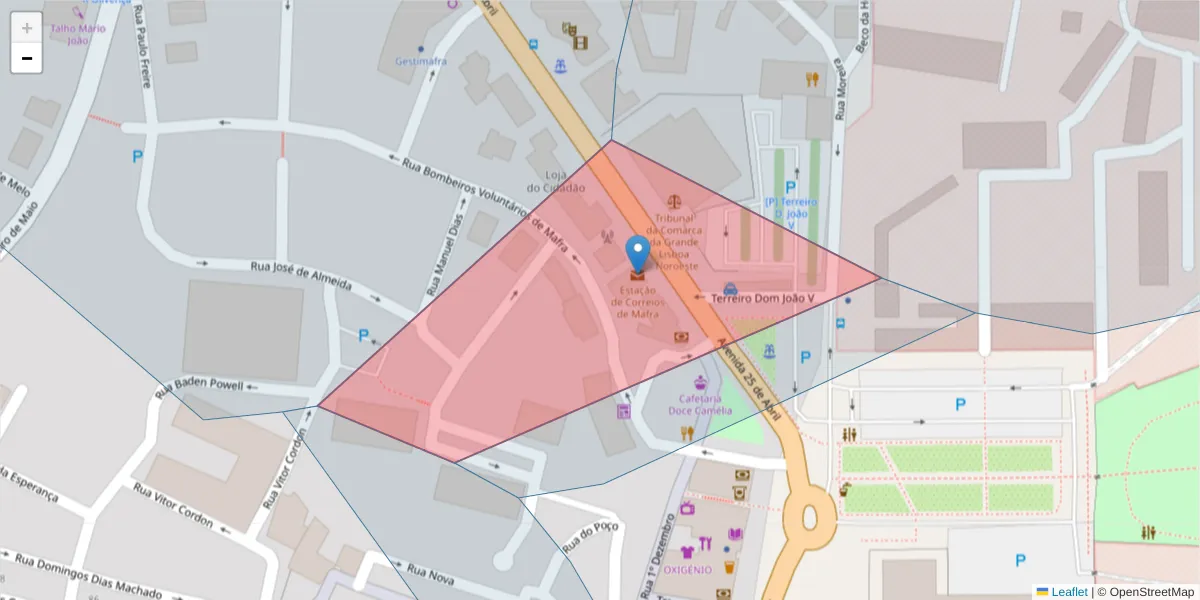 Mapa detalhado do código postal 2640-504 com limites, códigos postais vizinhos e agências dos correios