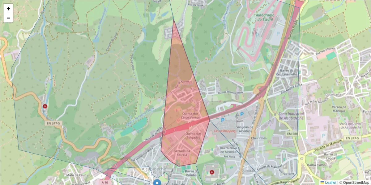 Mapa detalhado do código postal 2645-074 com limites, códigos postais vizinhos e agências dos correios