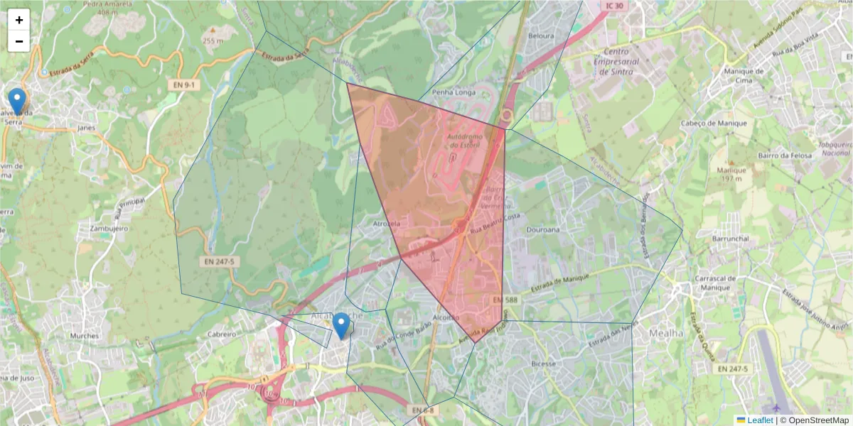 Mapa detalhado do código postal 2645-123 com limites, códigos postais vizinhos e agências dos correios