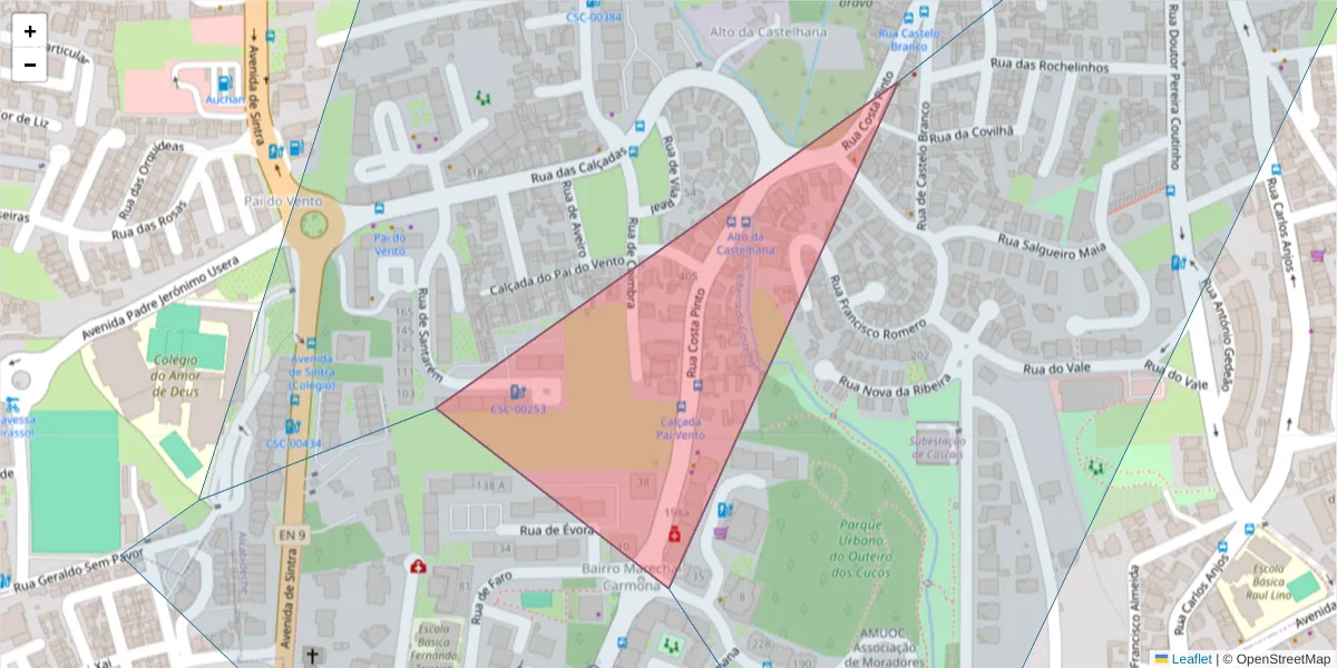 Mapa detalhado do código postal 2645-185 com limites, códigos postais vizinhos e agências dos correios