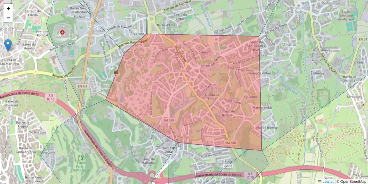 Mapa detalhado do código postal 2645-361 com limites, códigos postais vizinhos e agências dos correios