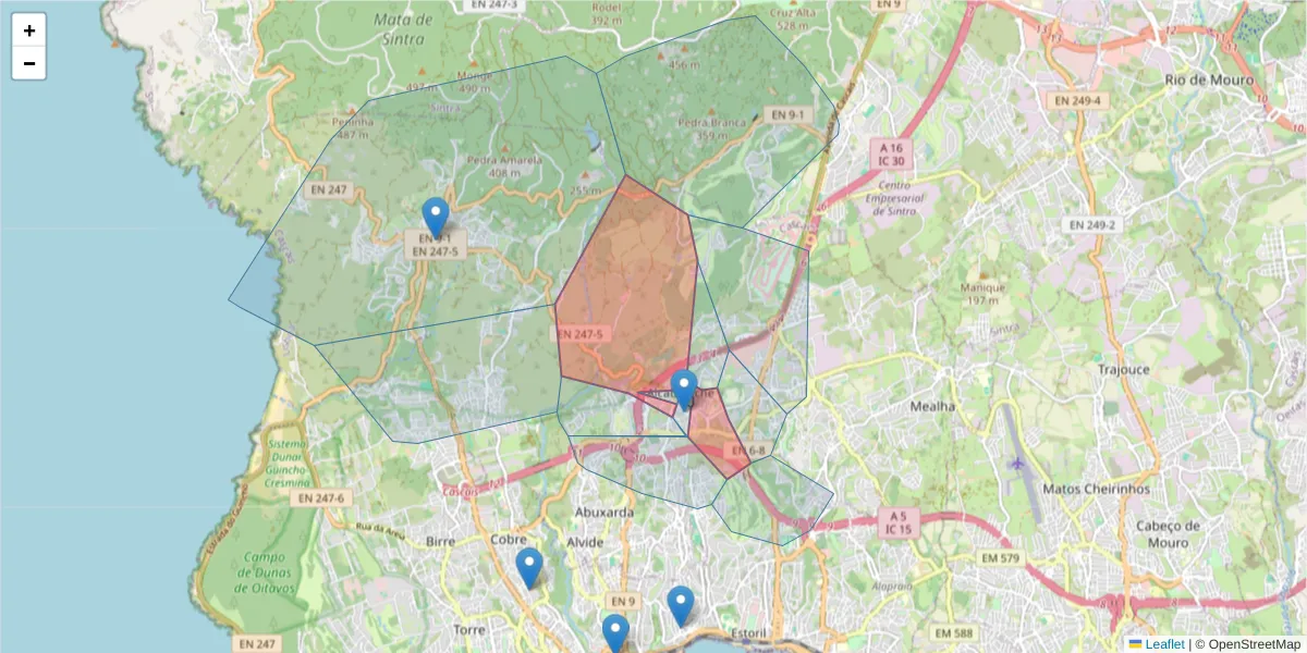 Mapa detalhado do código postal 2645 com limites, códigos postais vizinhos e agências dos correios