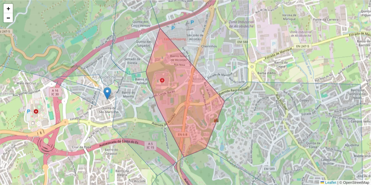 Mapa detalhado do código postal 2649-506 com limites, códigos postais vizinhos e agências dos correios