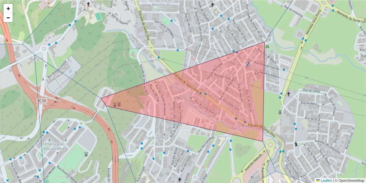 Mapa detalhado do código postal 2650-114 com limites, códigos postais vizinhos e agências dos correios