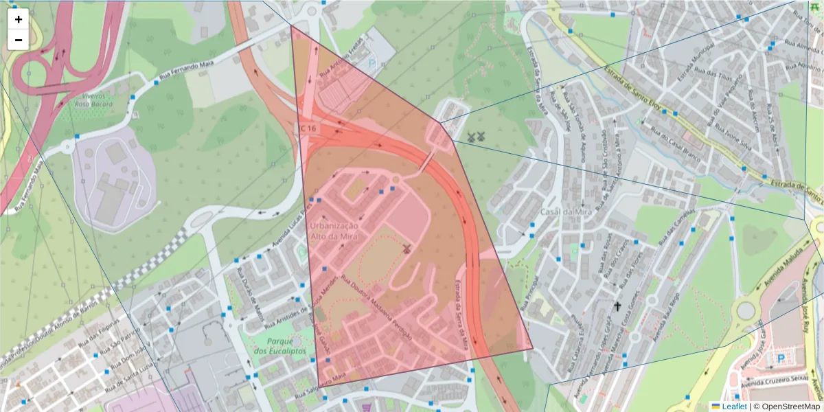 Mapa detalhado do código postal 2650-124 com limites, códigos postais vizinhos e agências dos correios