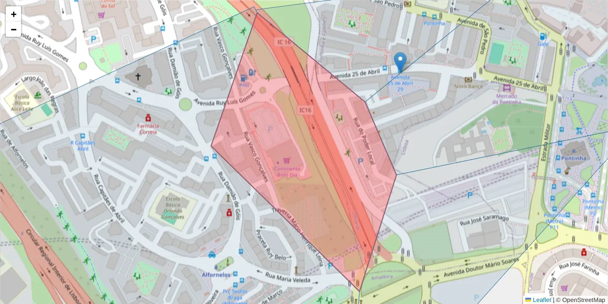 Mapa detalhado do código postal 2650-130 com limites, códigos postais vizinhos e agências dos correios
