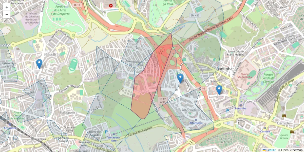 Mapa detalhado do código postal 2650-143 com limites, códigos postais vizinhos e agências dos correios
