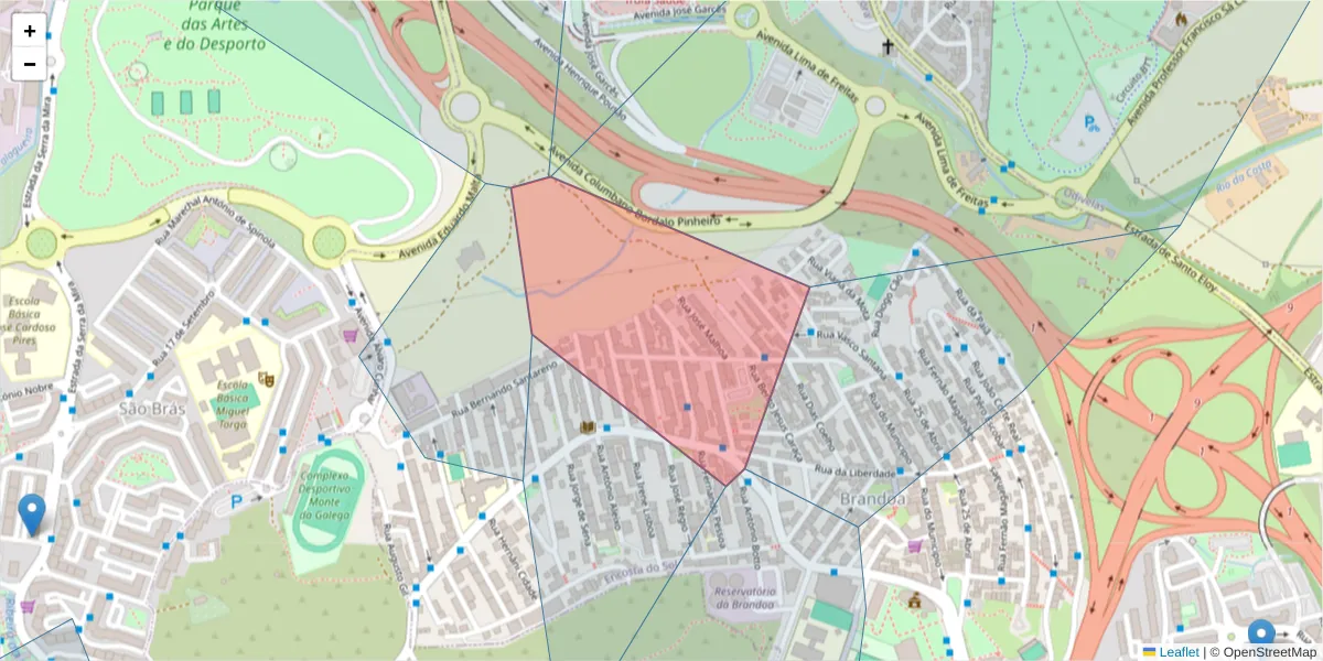 Mapa detalhado do código postal 2650-420 com limites, códigos postais vizinhos e agências dos correios