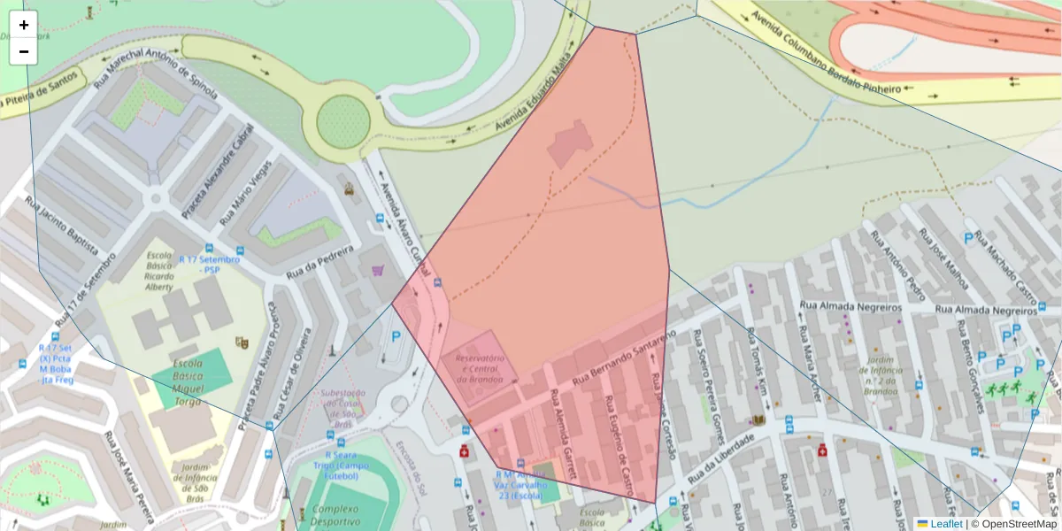 Mapa detalhado do código postal 2650-424 com limites, códigos postais vizinhos e agências dos correios