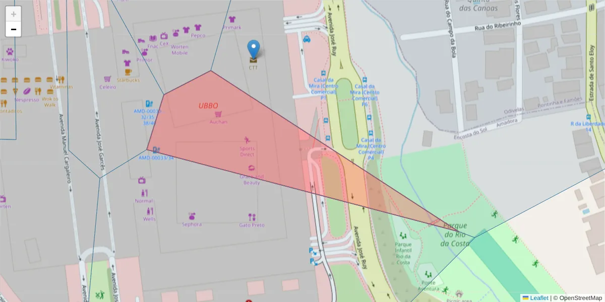 Mapa detalhado do código postal 2650-505 com limites, códigos postais vizinhos e agências dos correios