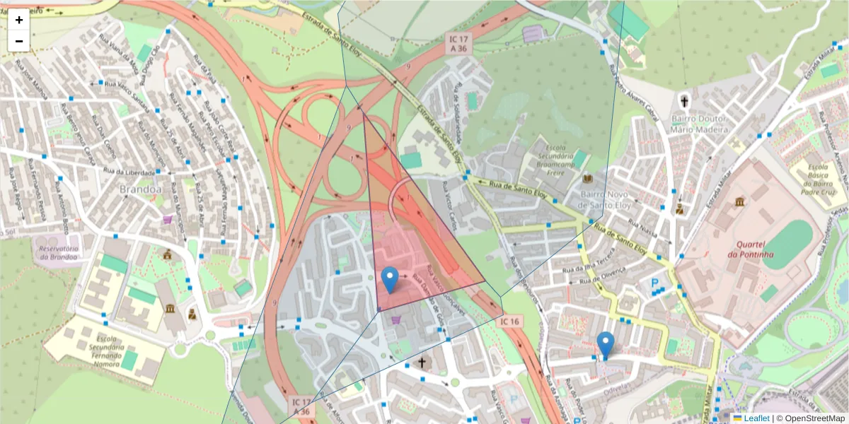 Mapa detalhado do código postal 2650-998 com limites, códigos postais vizinhos e agências dos correios