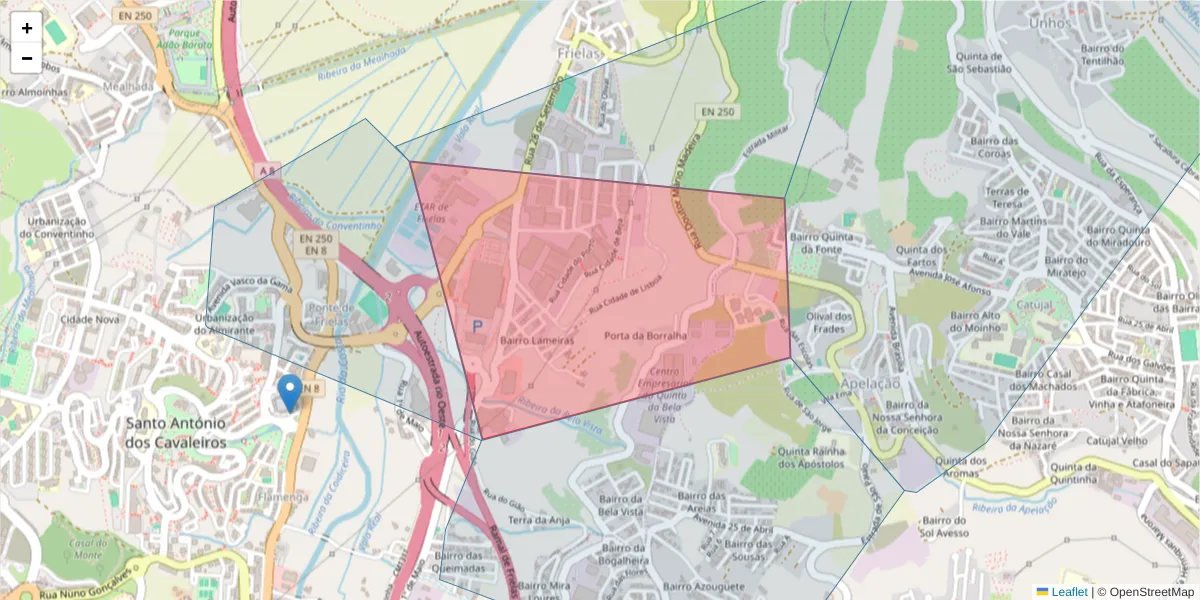 Mapa detalhado do código postal 2660-026 com limites, códigos postais vizinhos e agências dos correios