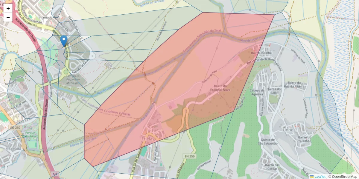 Mapa detalhado do código postal 2660-028 com limites, códigos postais vizinhos e agências dos correios