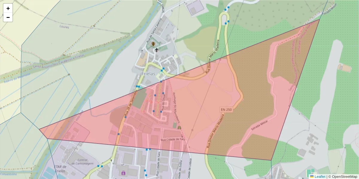 Mapa detalhado do código postal 2660-055 com limites, códigos postais vizinhos e agências dos correios