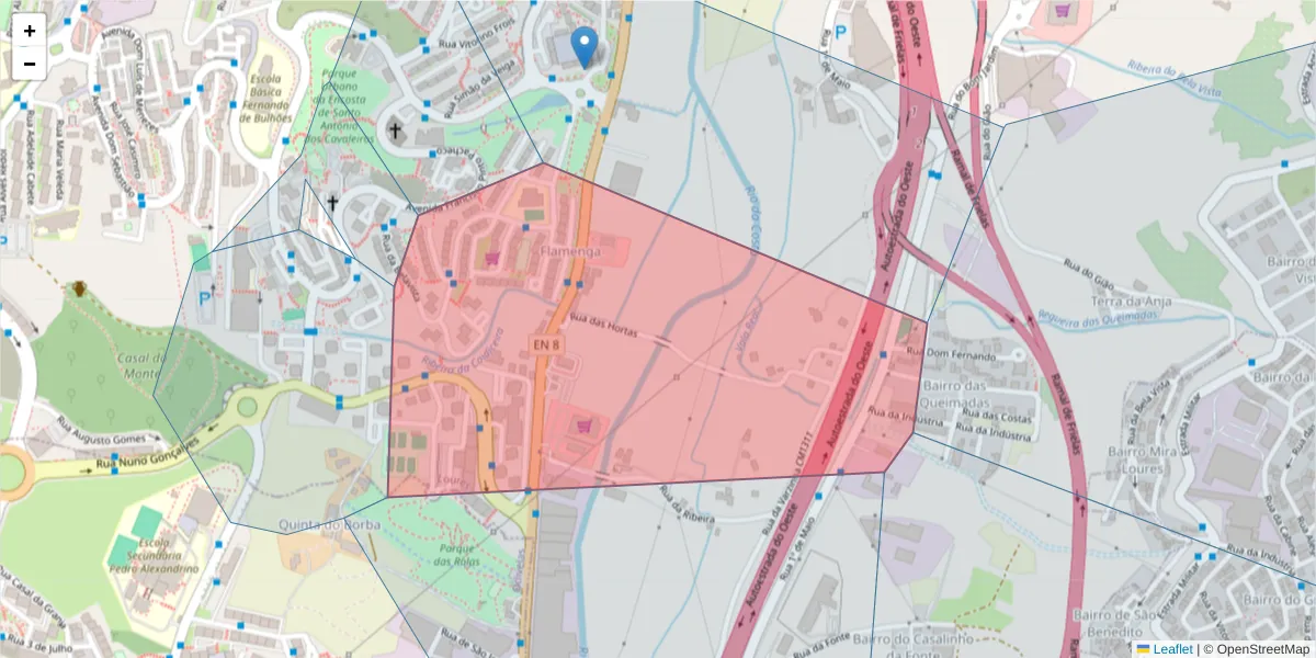 Mapa detalhado do código postal 2660-260 com limites, códigos postais vizinhos e agências dos correios