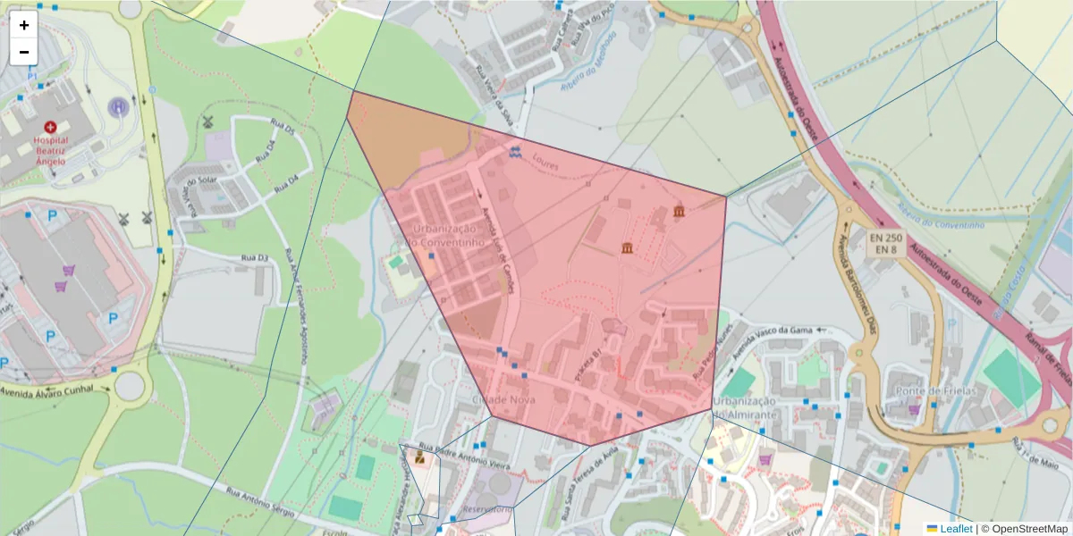Mapa detalhado do código postal 2660-265 com limites, códigos postais vizinhos e agências dos correios