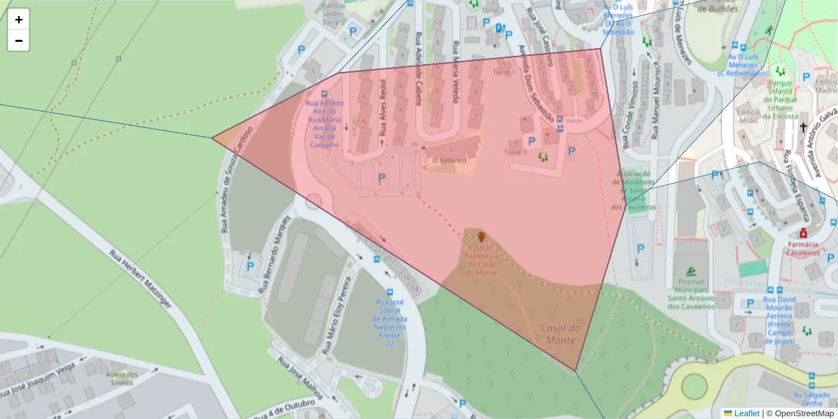 Mapa detalhado do código postal 2660-301 com limites, códigos postais vizinhos e agências dos correios