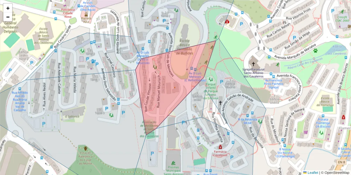 Mapa detalhado do código postal 2660-302 com limites, códigos postais vizinhos e agências dos correios