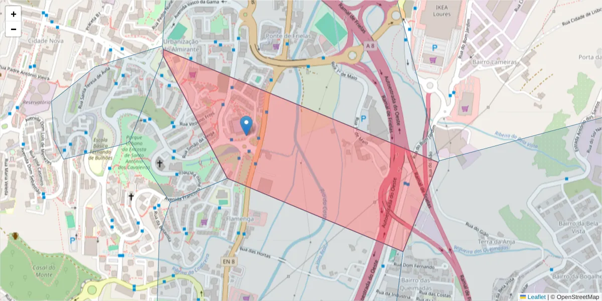 Mapa detalhado do código postal 2660-310 com limites, códigos postais vizinhos e agências dos correios