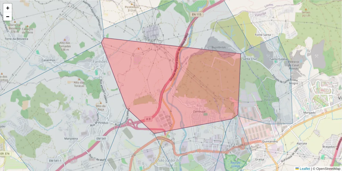 Mapa detalhado do código postal 2660-381 com limites, códigos postais vizinhos e agências dos correios