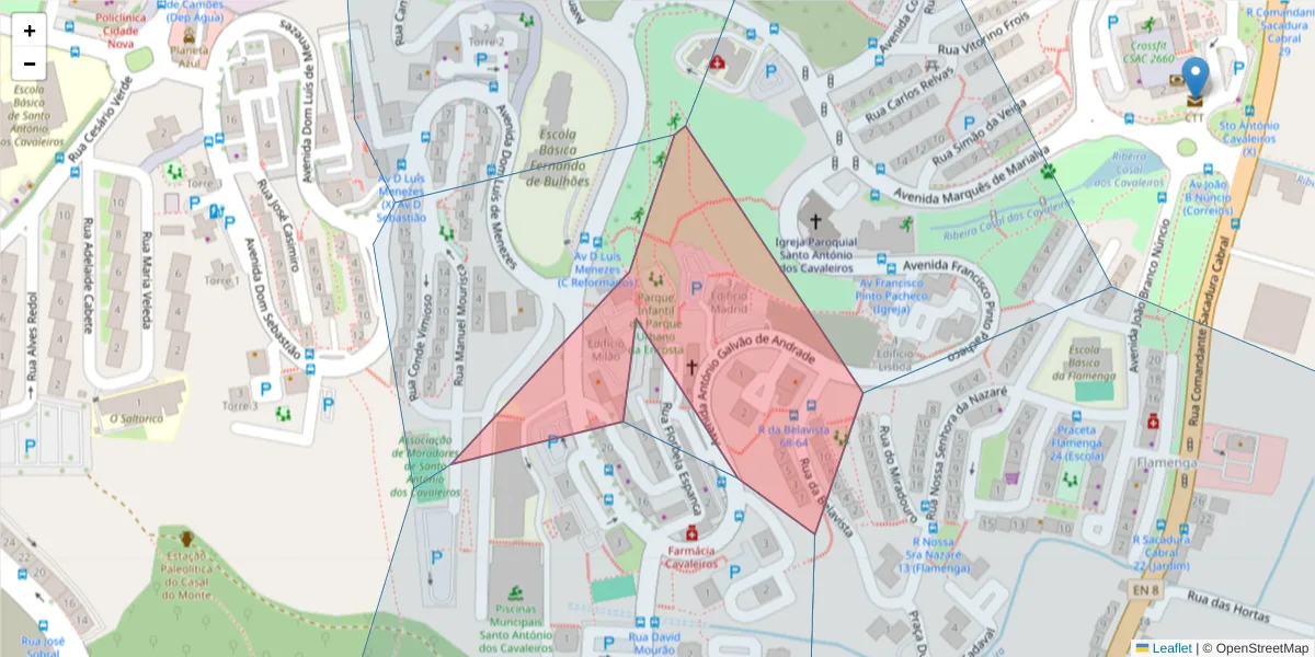 Mapa detalhado do código postal 2660-438 com limites, códigos postais vizinhos e agências dos correios
