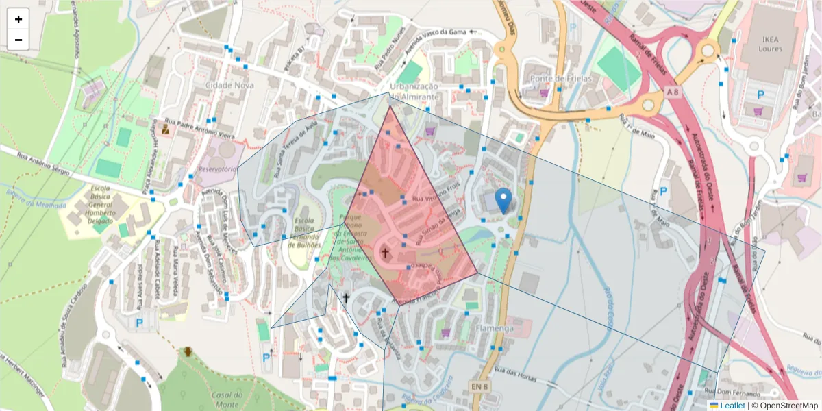 Mapa detalhado do código postal 2662-262 com limites, códigos postais vizinhos e agências dos correios