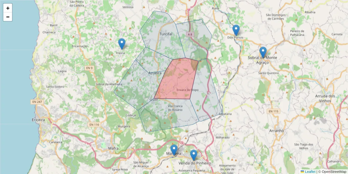 Mapa detalhado do código postal 2665-018 com limites, códigos postais vizinhos e agências dos correios