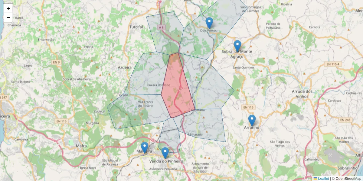 Mapa detalhado do código postal 2665-054 com limites, códigos postais vizinhos e agências dos correios