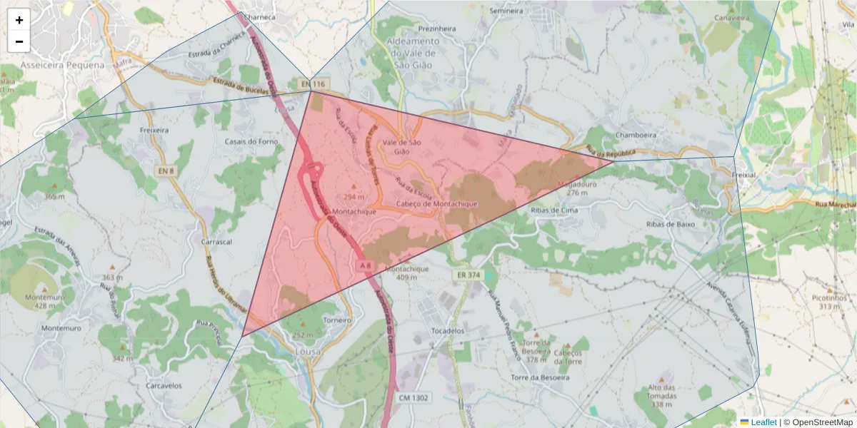 Mapa detalhado do código postal 2665-302 com limites, códigos postais vizinhos e agências dos correios