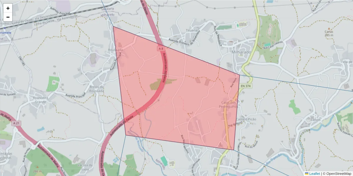 Mapa detalhado do código postal 2665-308 com limites, códigos postais vizinhos e agências dos correios