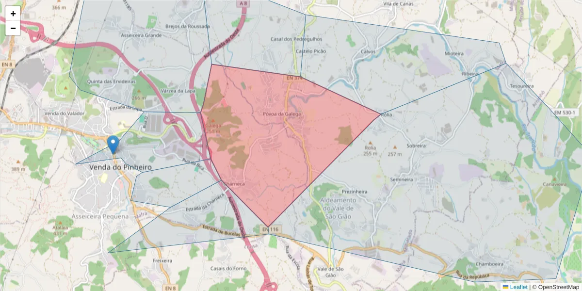Mapa detalhado do código postal 2665-357 com limites, códigos postais vizinhos e agências dos correios
