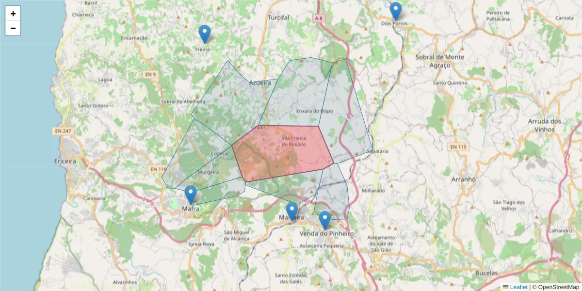 Mapa detalhado do código postal 2665-419 com limites, códigos postais vizinhos e agências dos correios