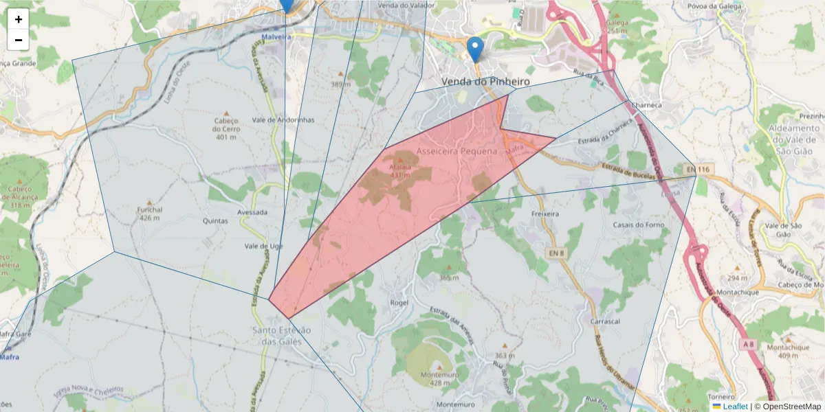 Mapa detalhado do código postal 2665-518 com limites, códigos postais vizinhos e agências dos correios