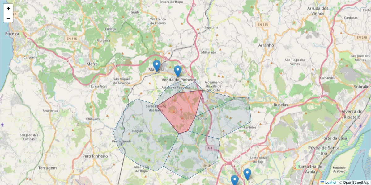 Mapa detalhado do código postal 2665-535 com limites, códigos postais vizinhos e agências dos correios