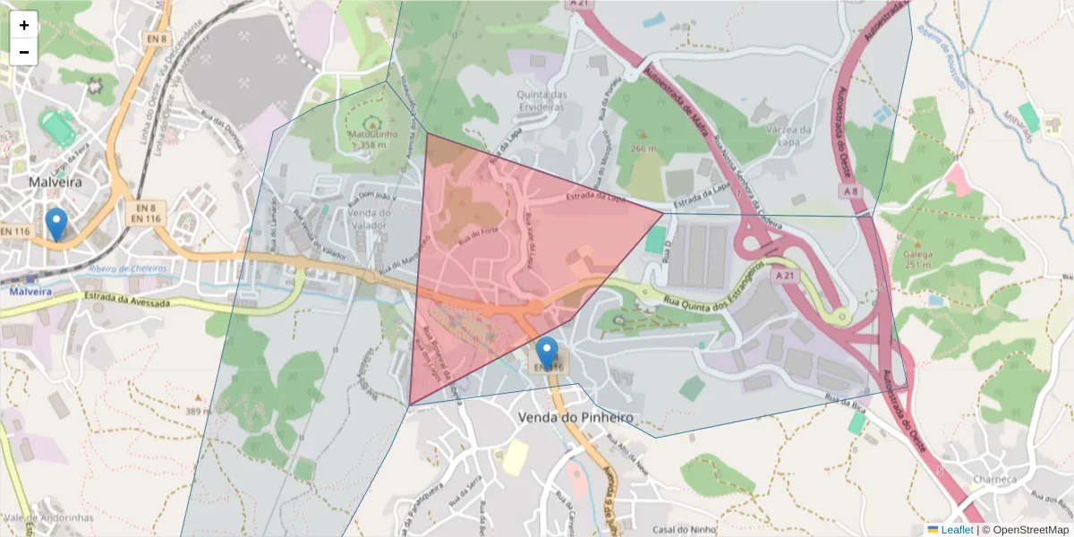 Mapa detalhado do código postal 2665-558 com limites, códigos postais vizinhos e agências dos correios