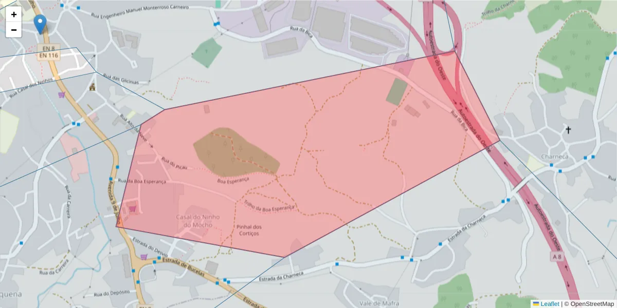 Mapa detalhado do código postal 2665-565 com limites, códigos postais vizinhos e agências dos correios