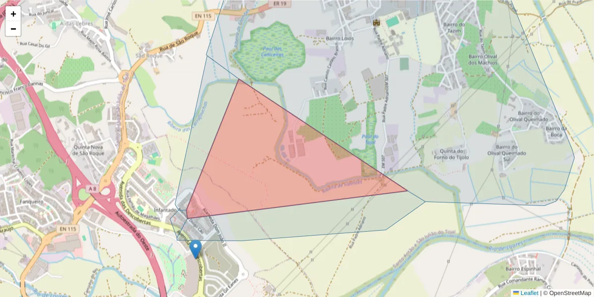 Mapa detalhado do código postal 2670-322 com limites, códigos postais vizinhos e agências dos correios