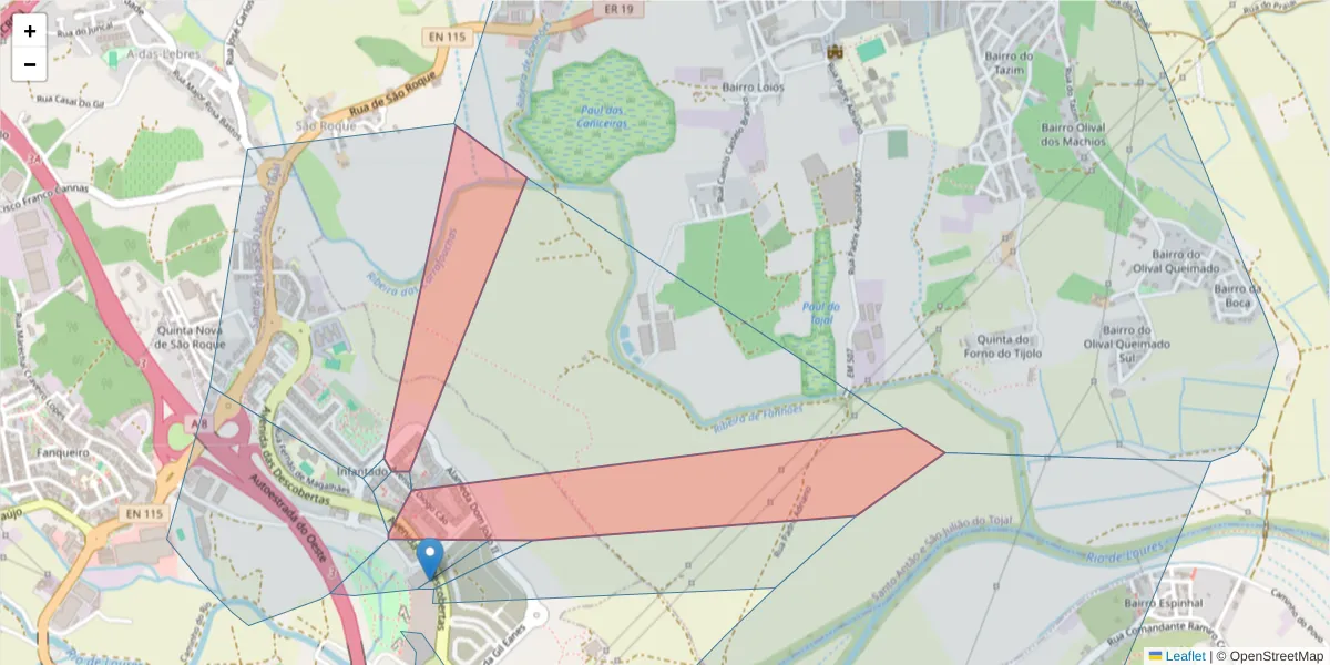 Mapa detalhado do código postal 2670-327 com limites, códigos postais vizinhos e agências dos correios