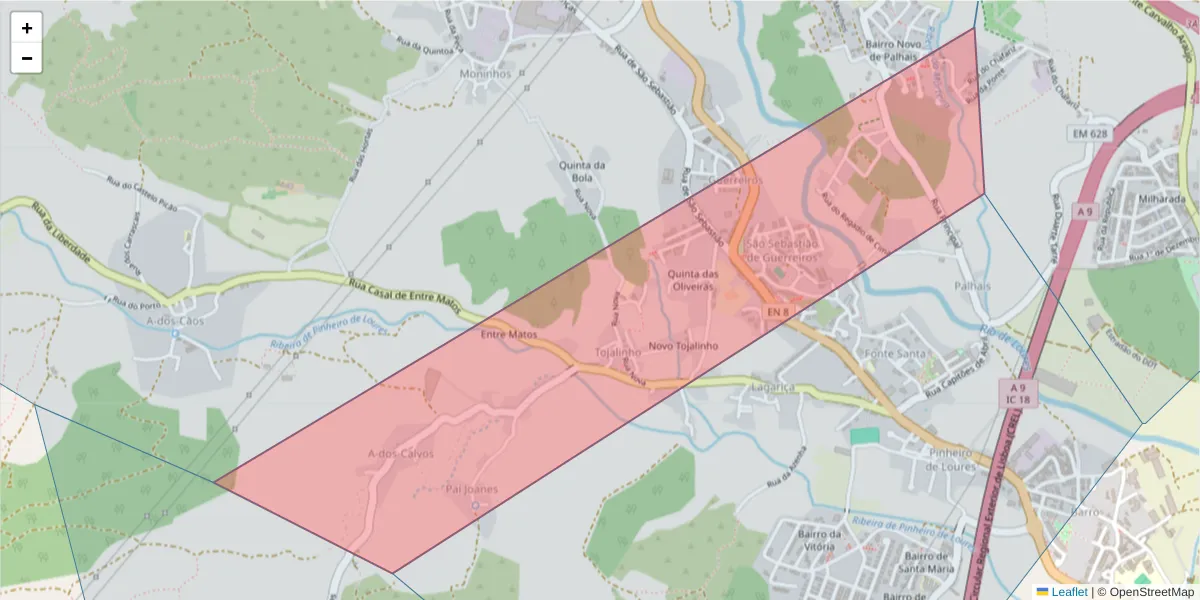 Mapa detalhado do código postal 2670-347 com limites, códigos postais vizinhos e agências dos correios