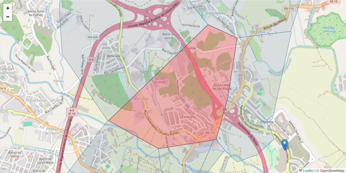 Mapa detalhado do código postal 2670-372 com limites, códigos postais vizinhos e agências dos correios