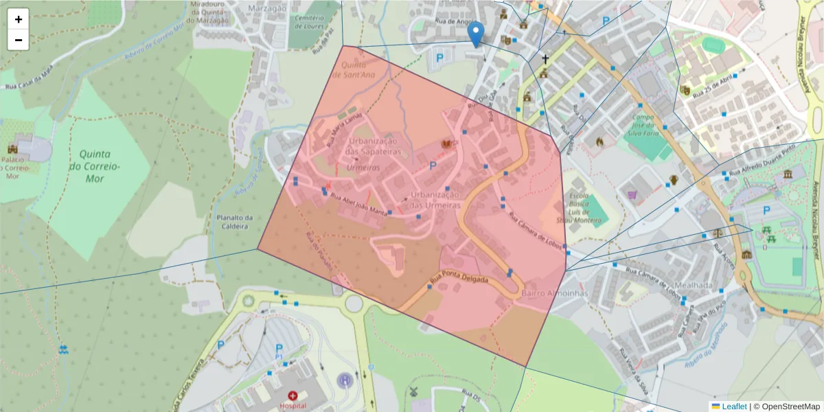 Mapa detalhado do código postal 2670-405 com limites, códigos postais vizinhos e agências dos correios