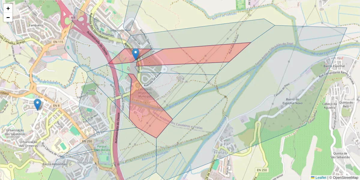 Mapa detalhado do código postal 2670-457 com limites, códigos postais vizinhos e agências dos correios