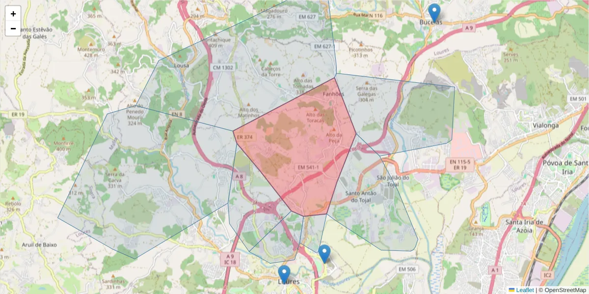 Mapa detalhado do código postal 2670-901 com limites, códigos postais vizinhos e agências dos correios