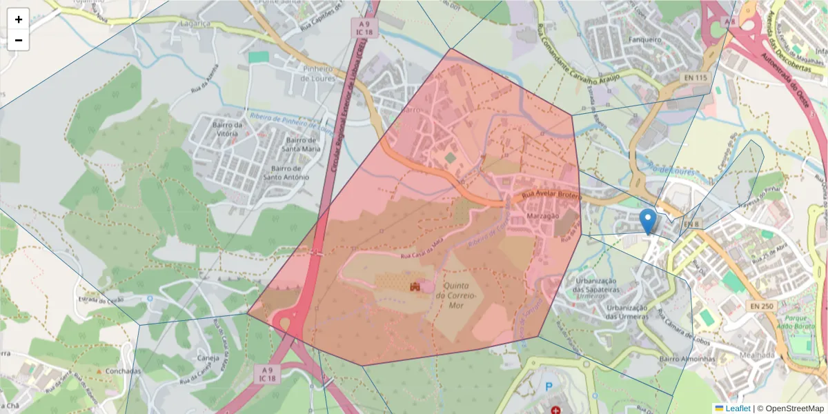 Mapa detalhado do código postal 2670 com limites, códigos postais vizinhos e agências dos correios