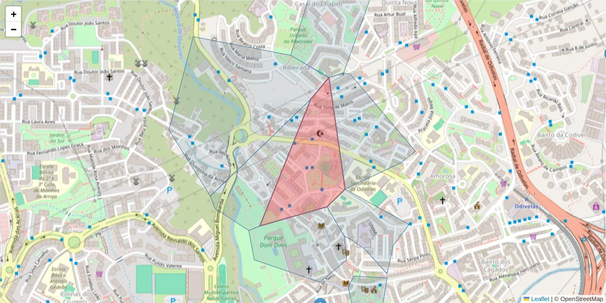 Mapa detalhado do código postal 2675-031 com limites, códigos postais vizinhos e agências dos correios